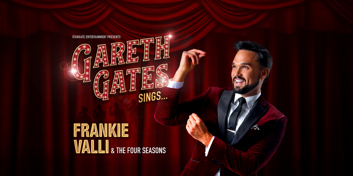 A promotional image for Gareth Gates Sings Frankie Valli And The Four Seasons with a posed photo of Gareth